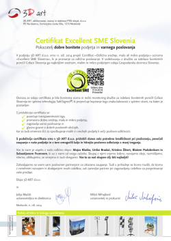 V podjetju 3D ART d.o.o. smo 11. 08. 2014 prejeli Certifikat