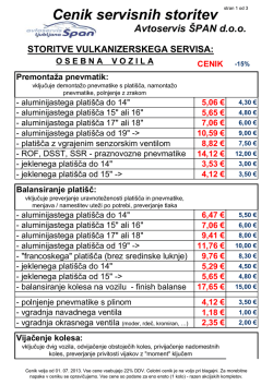 Cenik servisnih storitev - Vulkanizerstvo, avtoservis Špan, Ljubljana