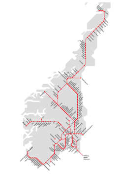 Detaljert kart over togstrekninger i Norge