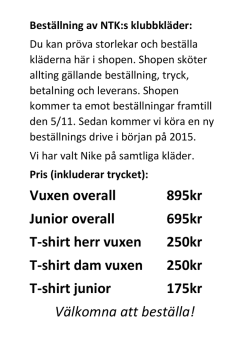 Vuxen overall 895kr Junior overall 695kr T
