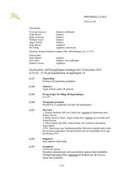 Styrelsemöte i Brf Kungsklippan måndagen den 10 december 2012