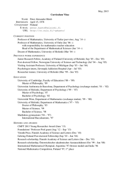 May, 2015 Curriculum Vitae NAME Peter Alexander Hästö