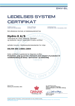 Certifikat - DS-EN ISO 14001 Miljø - Gyldig til 2018 (DK) - Hydro-X