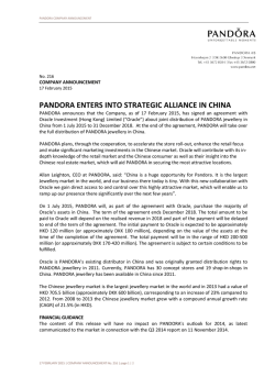PANDORA ENTERS INTO STRATEGIC ALLIANCE IN CHINA