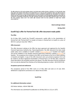 Scanfil Oyj`s offer for PartnerTech AB: offer document