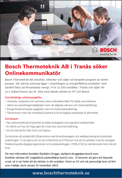 Bosch Thermoteknik AB i Tranås söker