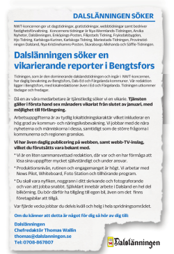 Dalslänningen söker en vikarierande reporter i Bengtsfors
