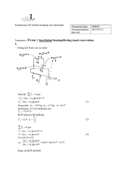 Kortfattat lösningsförslag till tentamen i Fysik1, F0004T, 091023