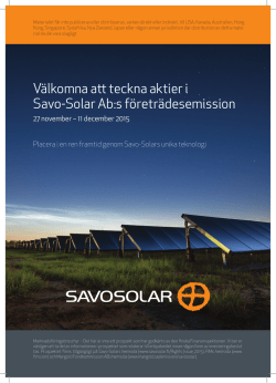 Välkomna att teckna aktier i Savo-Solar Ab:s