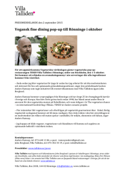 Vegansk fine dining pop-‐up till Rönninge i oktober