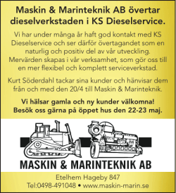 Maskin & Marinteknik AB övertar dieselverkstaden i KS Dieselservice.