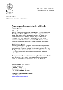 Announcement: Post doc scholarship in Molecular Hematopoiesis