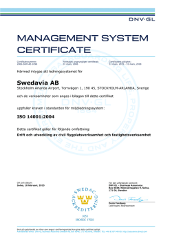 Swedavias certifikat - pdf, 338 Kb (nytt fönster)