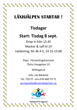 LÄXHJÄLPEN STARTAR ! Tisdagar Start: Tisdag 8 sept.