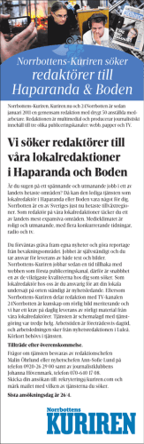 Norrbottens-Kuriren söker redaktörer till Haparanda & Boden