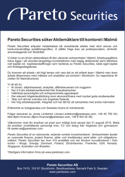 Pareto Securities söker Aktiemäklare till kontoret i Malmö