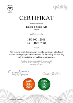 Kvalitetscertifikat Delex Teknik AB svenska