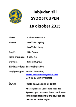 Inbjudan till SYDOSTCUPEN 18 oktober 2015