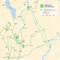 Linjekart for buss på Øvre Romerike fra 16. august 2015