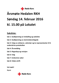 Årsmøte Hedalen RKH Søndag 14. februar 2016 kl