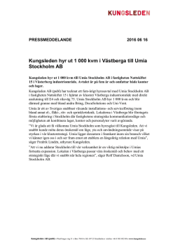 Kungsleden hyr ut 1 000 kvm i Västberga till Umia Stockholm AB