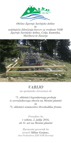Vabilo Menina planina 2016 - Združenje borcev za vrednote NOB