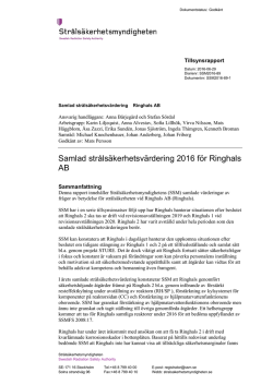 Samlad strålsäkerhetsvärdering 2016 för Ringhals AB