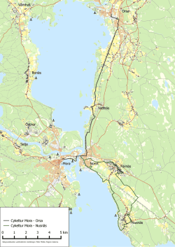 Karta och vägbeskrivning för cykelturen "Mora-Nusnäs"