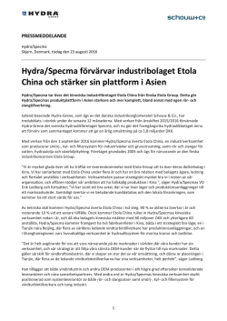 Press Release – Hydra/Specma förvärvar Etola China